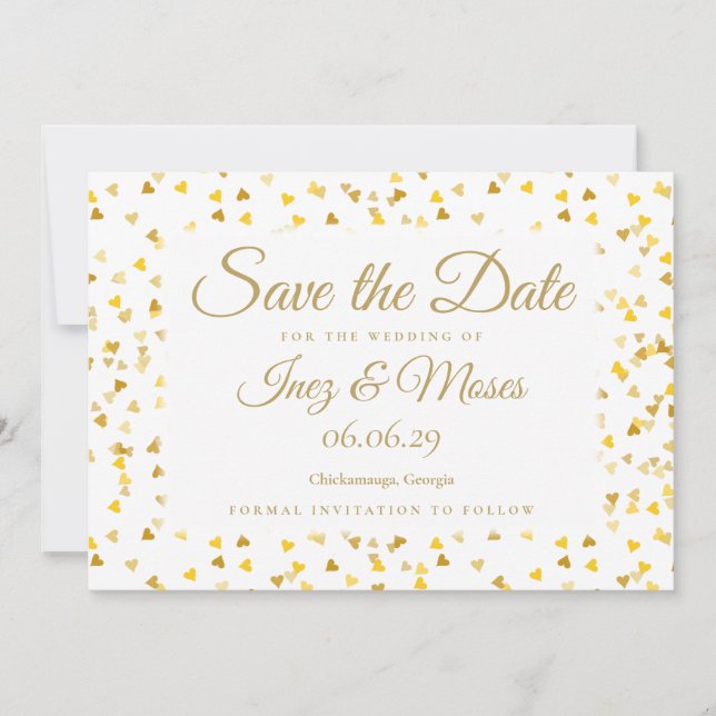 Invitación Confetti Gold Hearts Save the Date (Anverso)