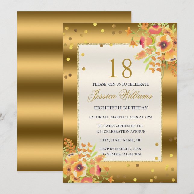 Invitación Confetti Gold y Flores Corner 18 cumpleaños (Anverso / Reverso)
