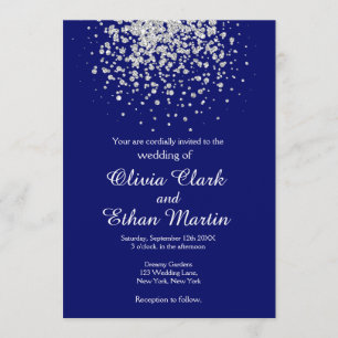 Invitación Confetti moderno de plata en azul real