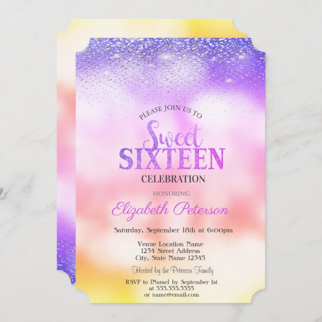 Invitación Confetti Moderno Elegante, Bokeh Ombre Dulce 16 (Anverso / Reverso)