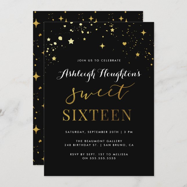 Invitación Confetti moderno negro y dorado 16 (Anverso / Reverso)