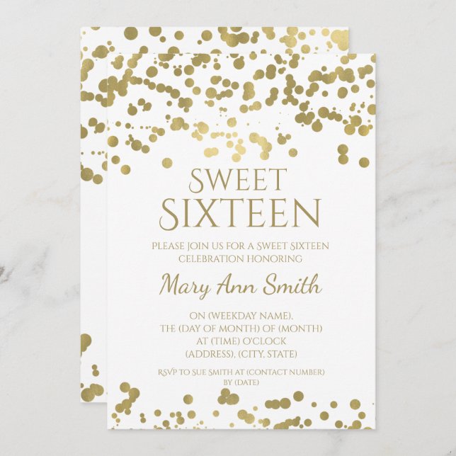Invitación Confetti moderno y dulce de dieciséis Relieves met (Anverso / Reverso)