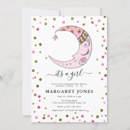 Invitación Confetti Moon Baby Shower, Purpurina rosa y dorado