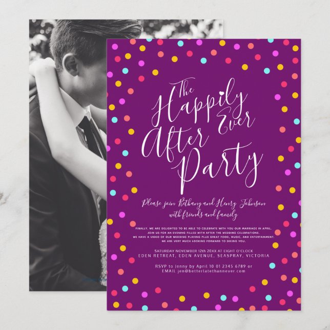 Invitación Confetti morado felizmente después de una fiesta d (Anverso / Reverso)