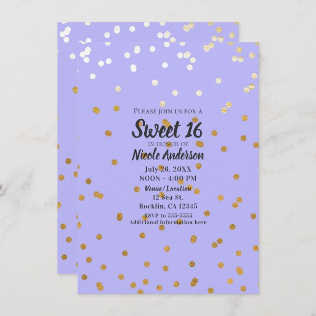 Invitación Confetti morado y dorado con glamur moderno (Anverso / Reverso)