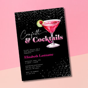 Invitación Confetti negro rosado y cócteles Cumpleaños