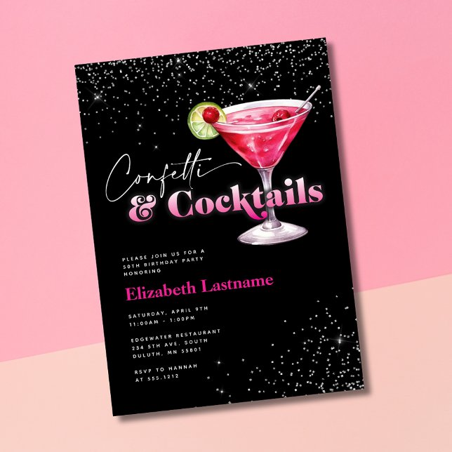 Invitación Confetti negro rosado y cócteles Cumpleaños (Subido por el creador)