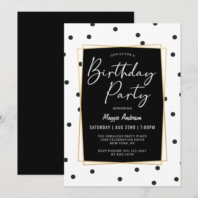 Invitación Confetti negro y blanco: fiesta de cumpleaños (Anverso / Reverso)
