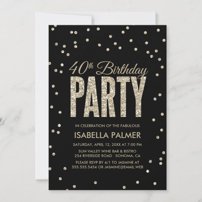 Invitación Confetti negro y oro 40.º Fiesta de cumpleaños (Anverso)