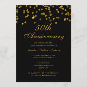 Invitación Confetti negro y oro 50° aniversario Boda