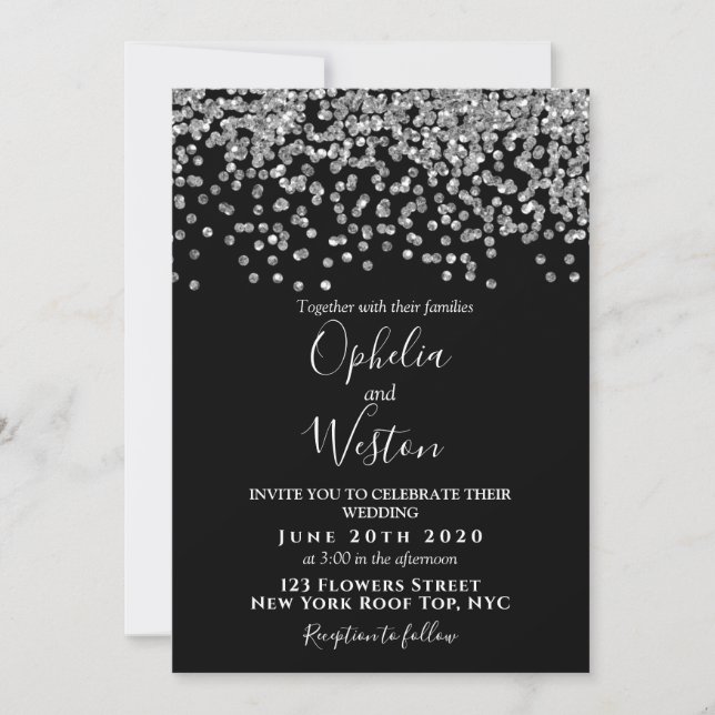 Invitación Confetti negro y plateado elegante Boda moderno (Anverso)
