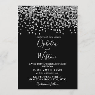 Invitación Confetti negro y plateado elegante Boda moderno