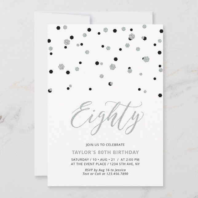 Invitación Confetti negro y plateado Ochenta 80 cumpleaños (Anverso)