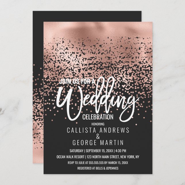 Invitación Confetti Ombre Boda, Relieve metalizado dorado mod (Anverso / Reverso)