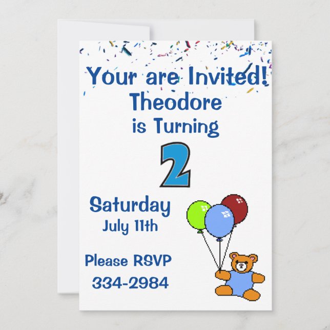 Invitación Confetti, Oso de Teddy, Globos Boys segundo cumple (Anverso)
