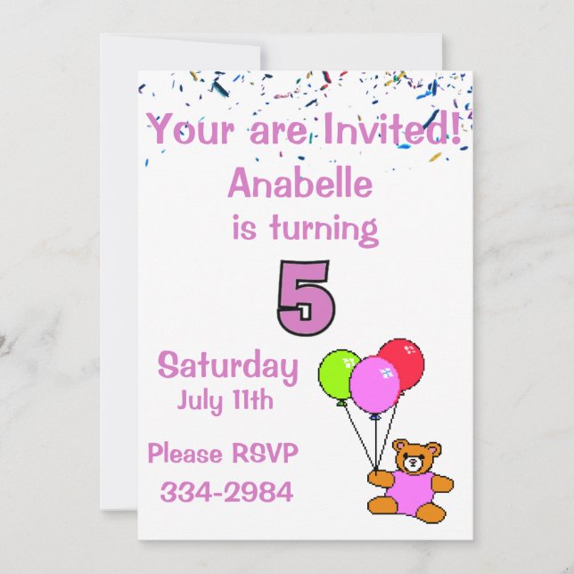 Invitación Confetti, Oso de Teddy, quinto cumpleaños del Chic (Anverso)