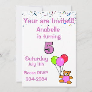 Invitación Confetti, Oso de Teddy, quinto cumpleaños del Chic