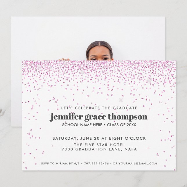Invitación Confetti Pink and white Photo Graduation Party (Anverso / Reverso)
