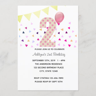 Invitación Confetti Pink Polka Dot Gold Segundo cumpleaños Ch