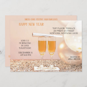 Invitación Confetti plateado Año Nuevo Champán fluye