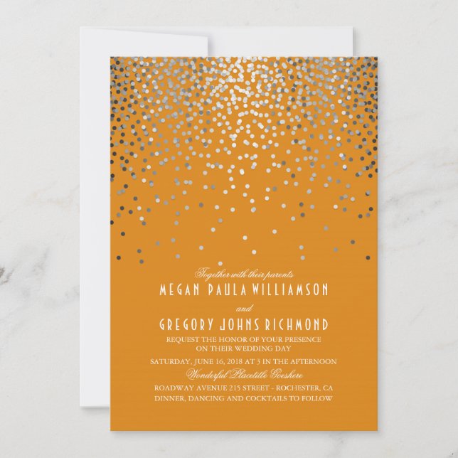 Invitación Confetti plateado - Boda Naranja de luces estelare (Anverso)
