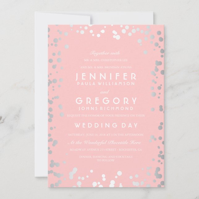 Invitación Confetti Plateado Boda rosa Moderna y Elegante (Anverso)