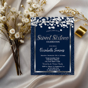Invitación Confetti plateado Dots Navy Blue Sweet 16