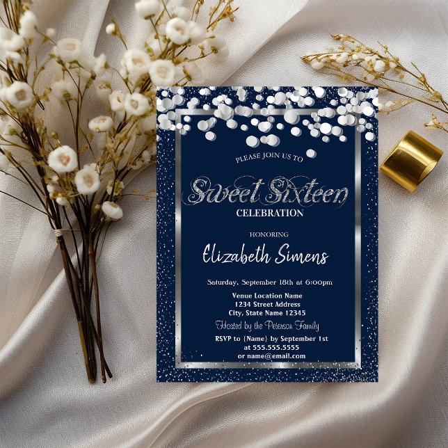 Invitación Confetti plateado Dots Navy Blue Sweet 16 (Subido por el creador)