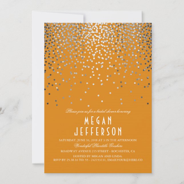 Invitación Confetti plateado - Purpurina Naranja ducha de nov (Anverso)