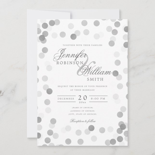 Invitación Confetti plateado simple y elegante (Anverso)