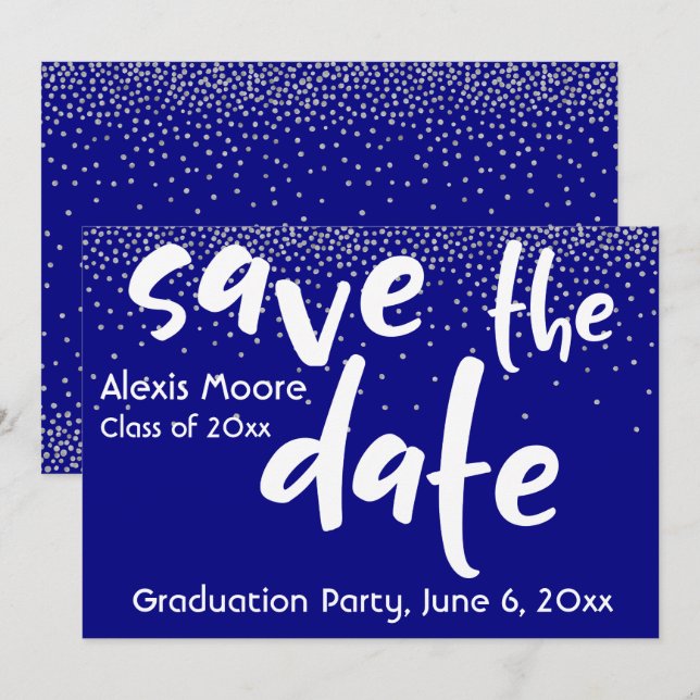 Invitación Confetti plateado sobre la marina, ahorro moderno  (Anverso / Reverso)