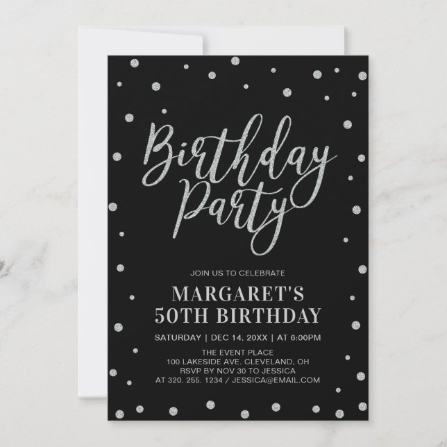 Invitación Confetti plateado y negro | Fiesta de cumpleaños p (Anverso)