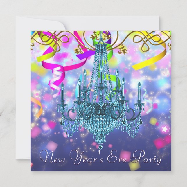 Invitación Confetti Purple Verde azulado Lámpara Azul Año Nue (Anverso)