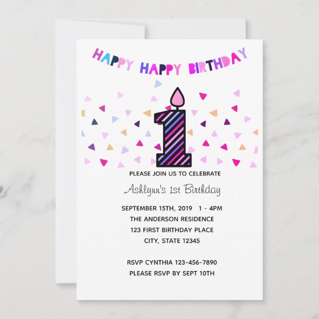 Invitación Confetti Púrpura Chica de primer cumpleaños (Anverso)