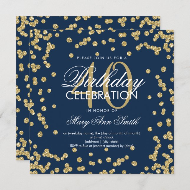Invitación Confetti, Purpurina azul de la Marina de Oro, 40 a (Anverso / Reverso)