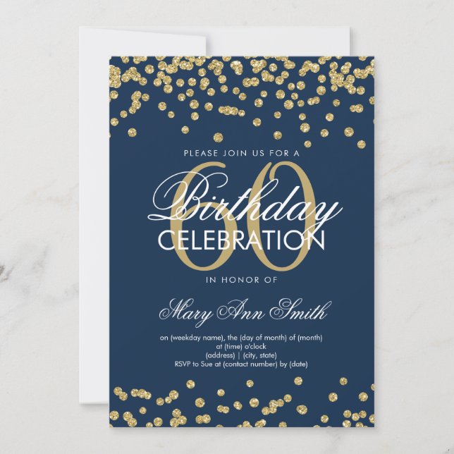 Invitación Confetti Purpurina azul de la marina de oro 60 cum (Anverso)