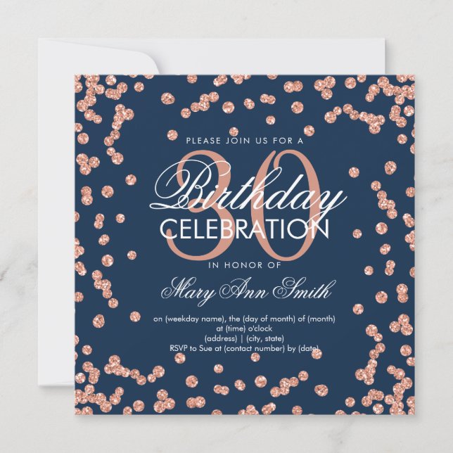 Invitación Confetti, Purpurina azul de la Marina de Oro Rosa, (Anverso)