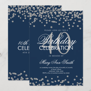 Invitación Confetti Purpurina azul de la marina de plata 40 c