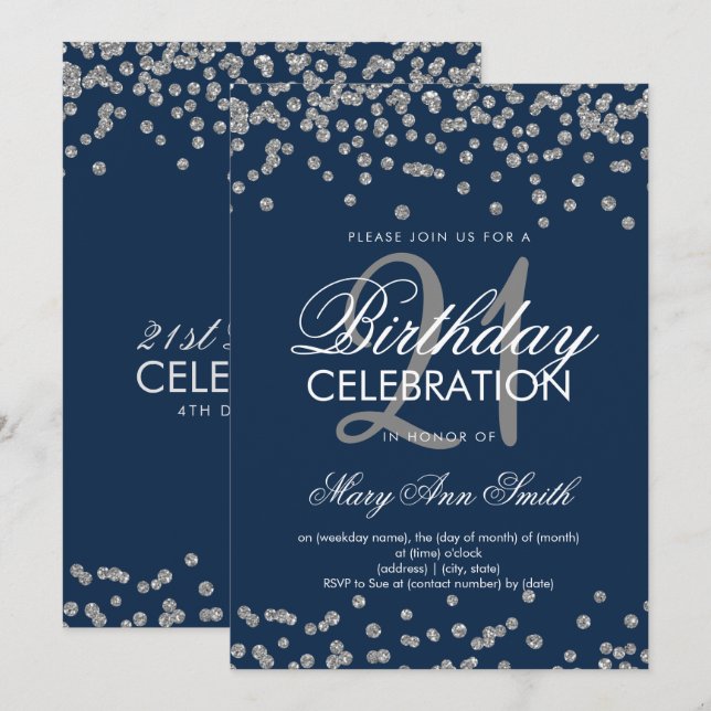 Invitación Confetti Purpurina Azul de la Marina Plata, 21° cu (Anverso / Reverso)