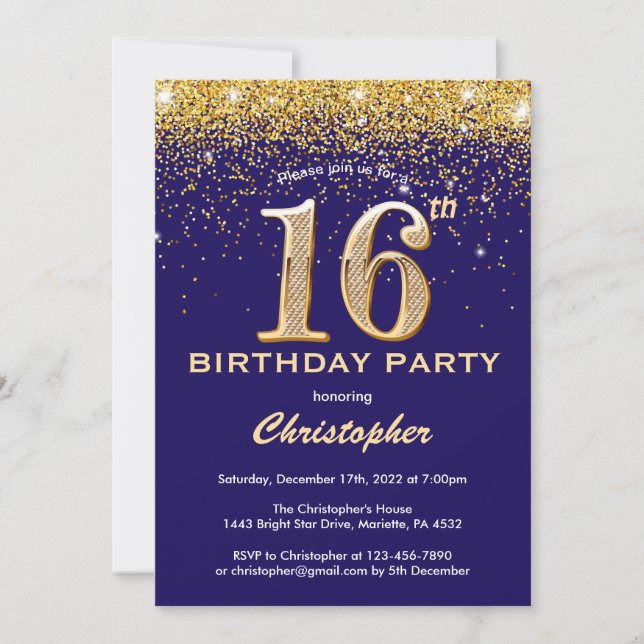Invitación Confetti Purpurina azul y oro de la marina de cump (Anverso)