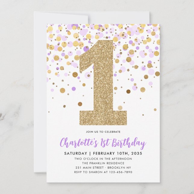 Invitación Confetti Purpurina Cute Purple Gold (Anverso)