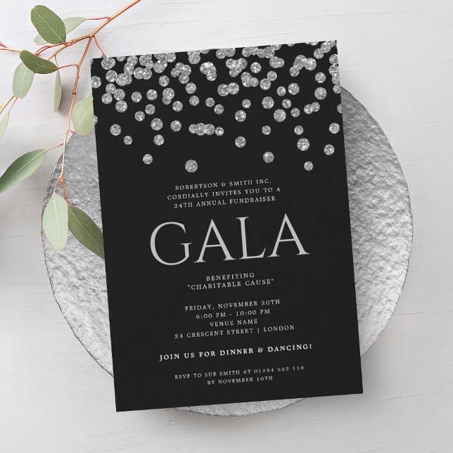 Invitación Confetti Purpurina de color negro plateado de gala (Formal Corporate Gala Silver Blac Glitter Confetti Invitation)