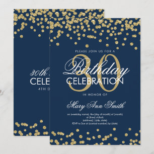 Invitación Confetti Purpurina de cumpleaños 30 Blue Navy Gold