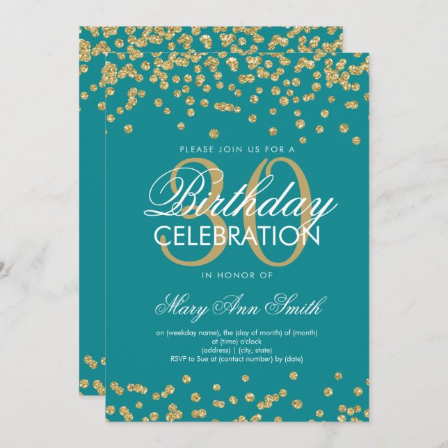 Invitación Confetti, Purpurina de cumpleaños 30 Verde azulado (Anverso / Reverso)