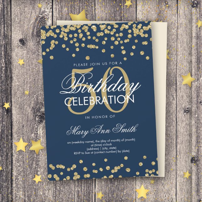 Invitación Confetti Purpurina de cumpleaños 50 Blue Navy Gold (Subido por el creador)