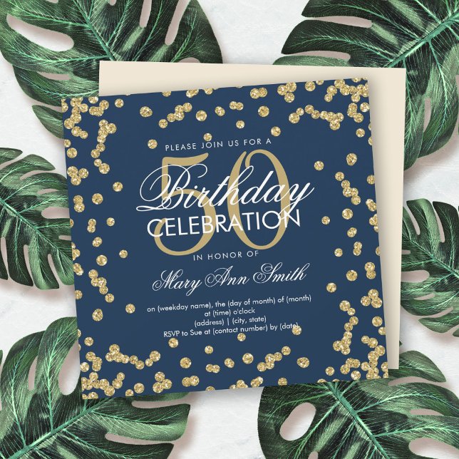 Invitación Confetti Purpurina de cumpleaños 50 Blue Navy Gold (Subido por el creador)