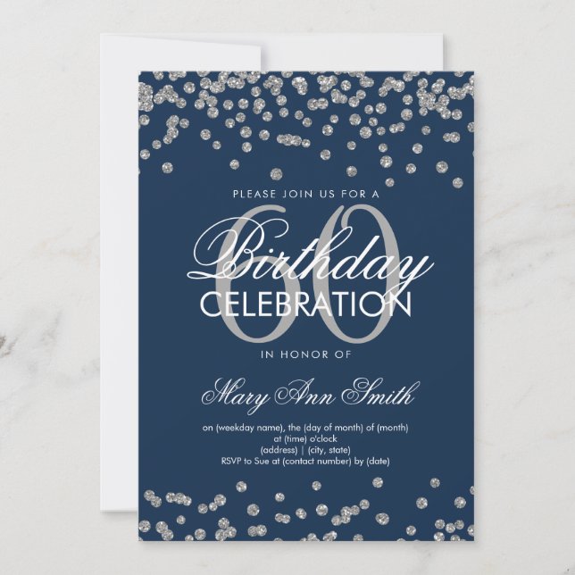 Invitación Confetti Purpurina de cumpleaños 60 de Silver Navy (Anverso)