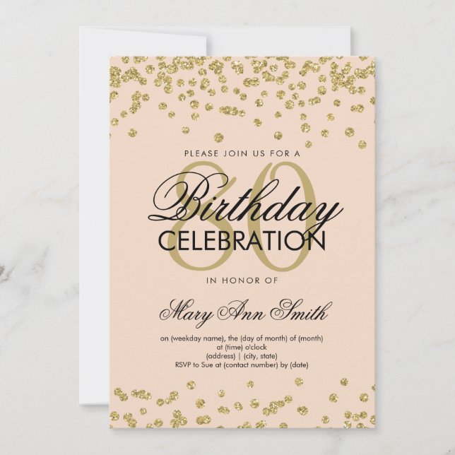 Invitación Confetti, Purpurina de cumpleaños 80 dorado Rubor  (Anverso)