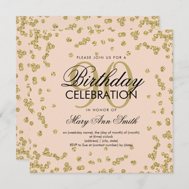 Invitación Confetti, Purpurina de cumpleaños 90 dorado Rubor  (Anverso / Reverso)