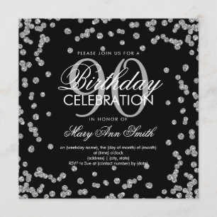Invitación Confetti, Purpurina de cumpleaños 90 negro platead